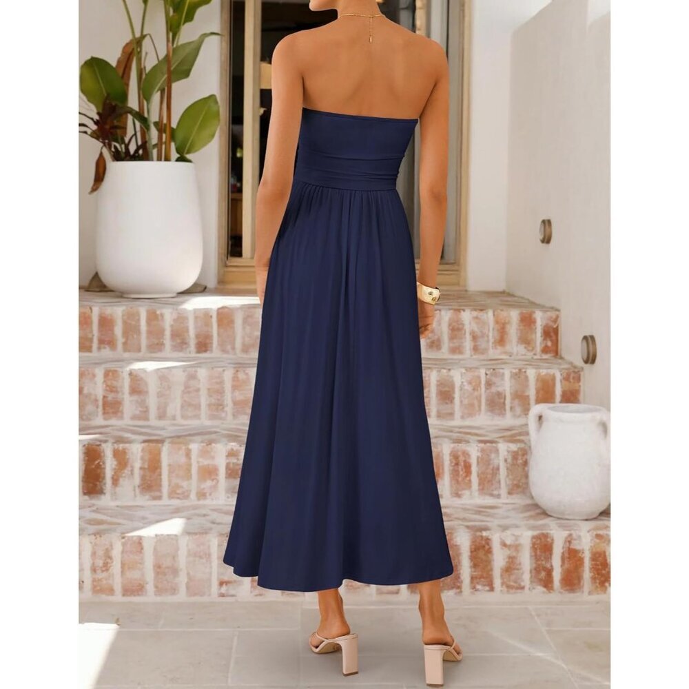 Women's Navy Summer Sleeveless 2026 Strapless Ruched A Line Flowy Midi Dress - Picture 5 of 7